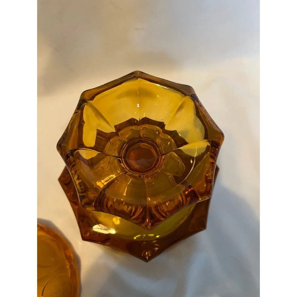 Vintage Fostoria Coin Wedding Bowl  Amber Glass Lidded Candy Dish 1887 Pattern